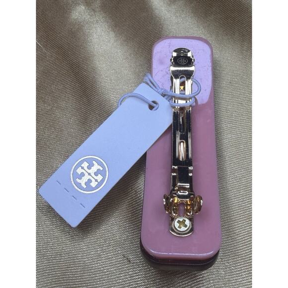 Tory Burch Roxanne Embellished Large Barrette Hair Clip Rolled Gold Tortoise NEW main image 6